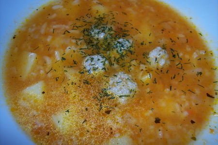 Фото к рецепту: Томатный суп с рисом и мясными фрикадельками.