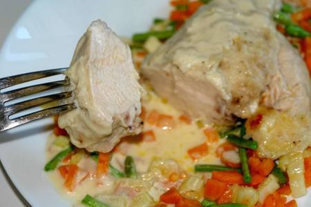Фото к рецепту: Филе цыпленка под винно-сливочным соусом