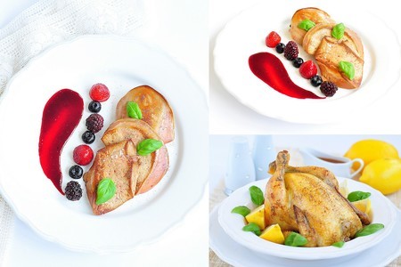 Фото к рецепту: Цыпленок coquelet фаршированный чоризо, фасолью и каперсами, и фуа гра с ягодным соусом
