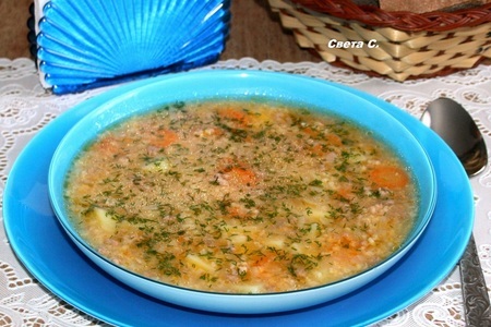 Фото к рецепту: Суп с мясным фаршем и обжаренным пшеном