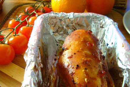 Фото к рецепту: Курица в соево-апельсиновом соусе.
