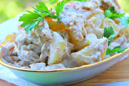 Фото к рецепту: Пряный куриный картофельный салат "примитив"