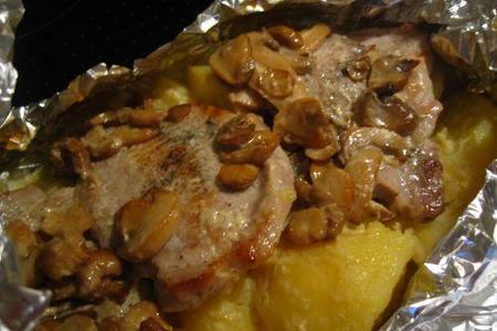 Фото к рецепту: Мясо с картошкой и сливочно-грибным соусом.