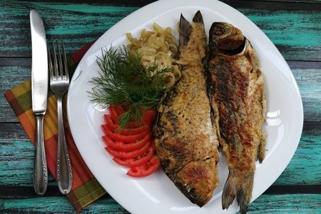 Фото к рецепту: Рыба на луковой подушке под сметаной