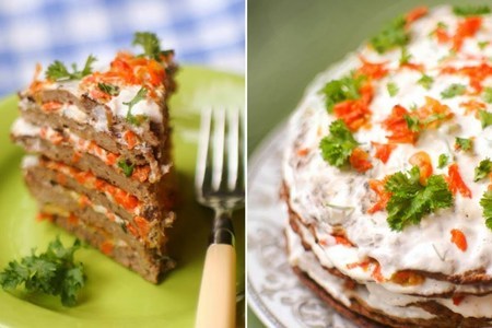 Мамин рецепт, печеночный торт с луком, морковью, чесноком