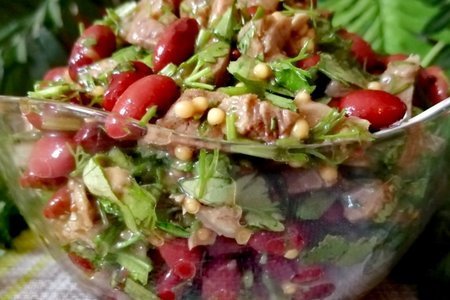 Фото к рецепту: Полезный салат из фасоли и варёного мяса / пп рецепт
