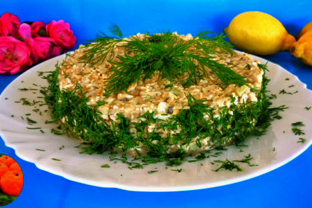 Фото к рецепту: Салат со шпротами на праздничный стол, новый год