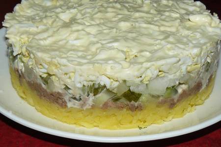 Фото к рецепту: Слоеный салат с консервированным тунцом