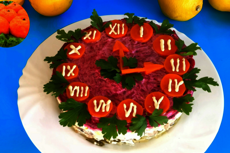Фото к рецепту: Салат "новогодние часы" на праздничный стол