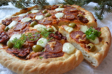 Фото к рецепту: Пицца с вялеными томатами и моцареллой
