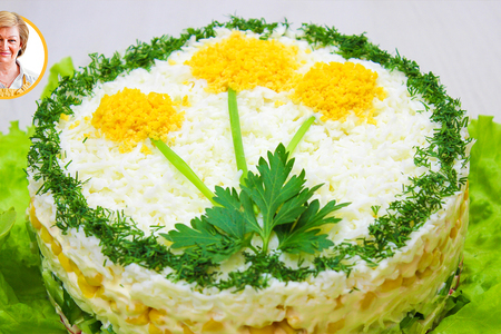 Фото к рецепту: Нежнейший салат одуванчик с крабовыми палочками