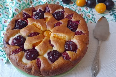 Фото к рецепту: Пирог с творогом и алычой