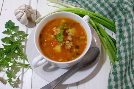 Фото к рецепту: Суп с мясным фаршем и овощами