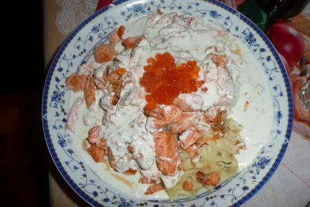 Фото к рецепту: Спагетти с лососем и сырным соусом
