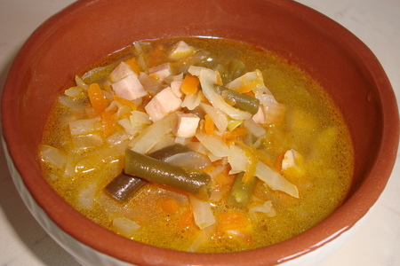 Фото к рецепту: Суп на курином бульоне с ветчиной