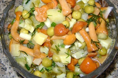 Фото к рецепту: Картофельный салат с маринованными грибами и зеленым горошком