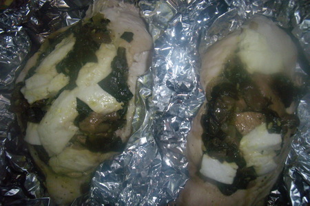 Фото к рецепту: Куриная грудка, фаршированная шампиньонами и шпинатом на пару.