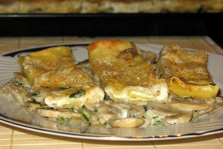 Рикотта-канноли, запечёные с грибами (cannoli di ricotta su gratin di funghi)