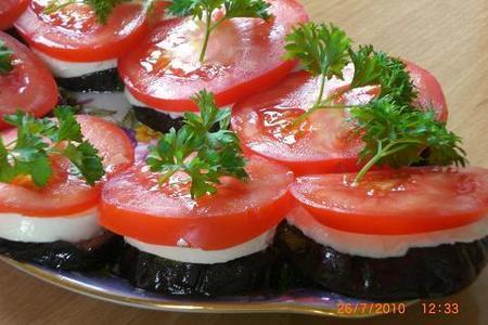 Фото к рецепту: Закуска полосатая ( баклажаны с моццарелой и помидорами)