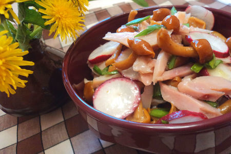 Фото к рецепту: Салат из копченой курицы с маринованными опятами
