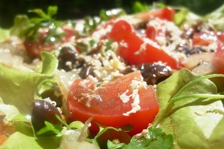 Фото к рецепту: Салат из жареных грибов с луком,салатных листьев и помидоров