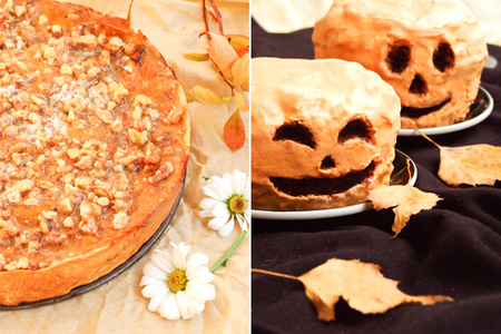 Фото к рецепту: Тыквенные десерты: ореховый пирог с тыквой и шоколадные кексы в виде тыквы