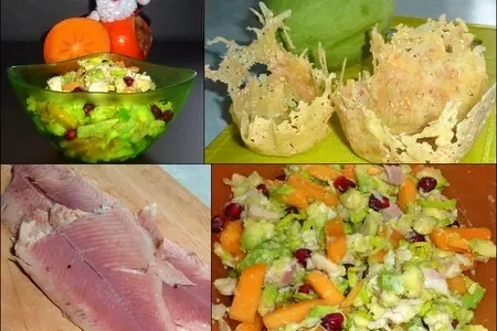 Порционный салат-закуска с хурмой и форелью в сырных корзинках: шаг 1