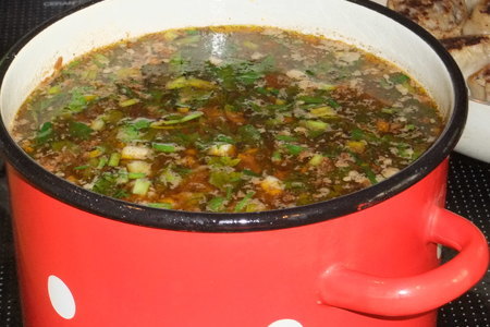 Суп с солеными огурцами, курицей и рисом