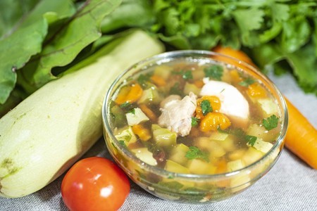 Фото к рецепту: Летний быстрый суп из кабачков с курицей без картошки